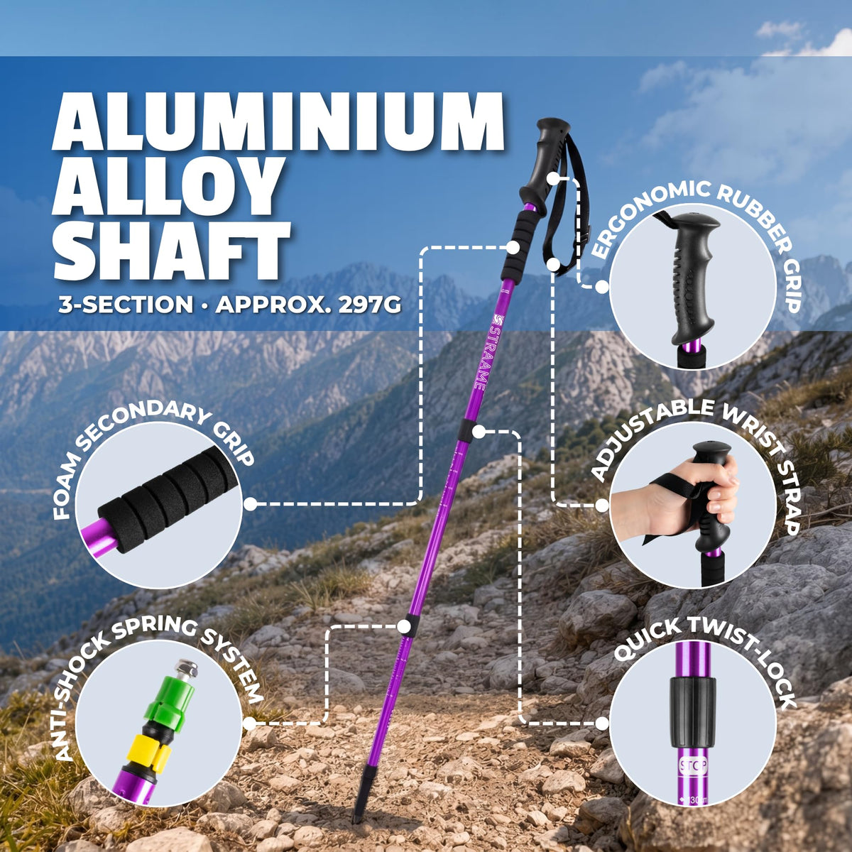 Straame Telescopic Walking Sticks 2 Pack, 65-130cm Trekking Poles (Purple)