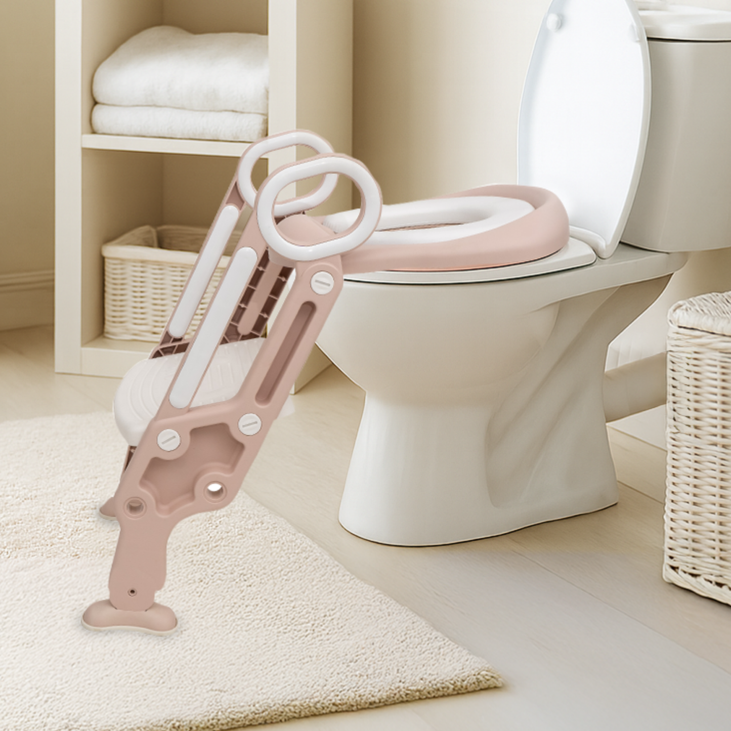Straame Toddler Toilet Ladder Seat - Adjustable Potty-Training Seat, Soft Cushion Seat and Anti-Slip Steps Design - Easy to Install Portable Children Potty Training Chair (White-Pink)