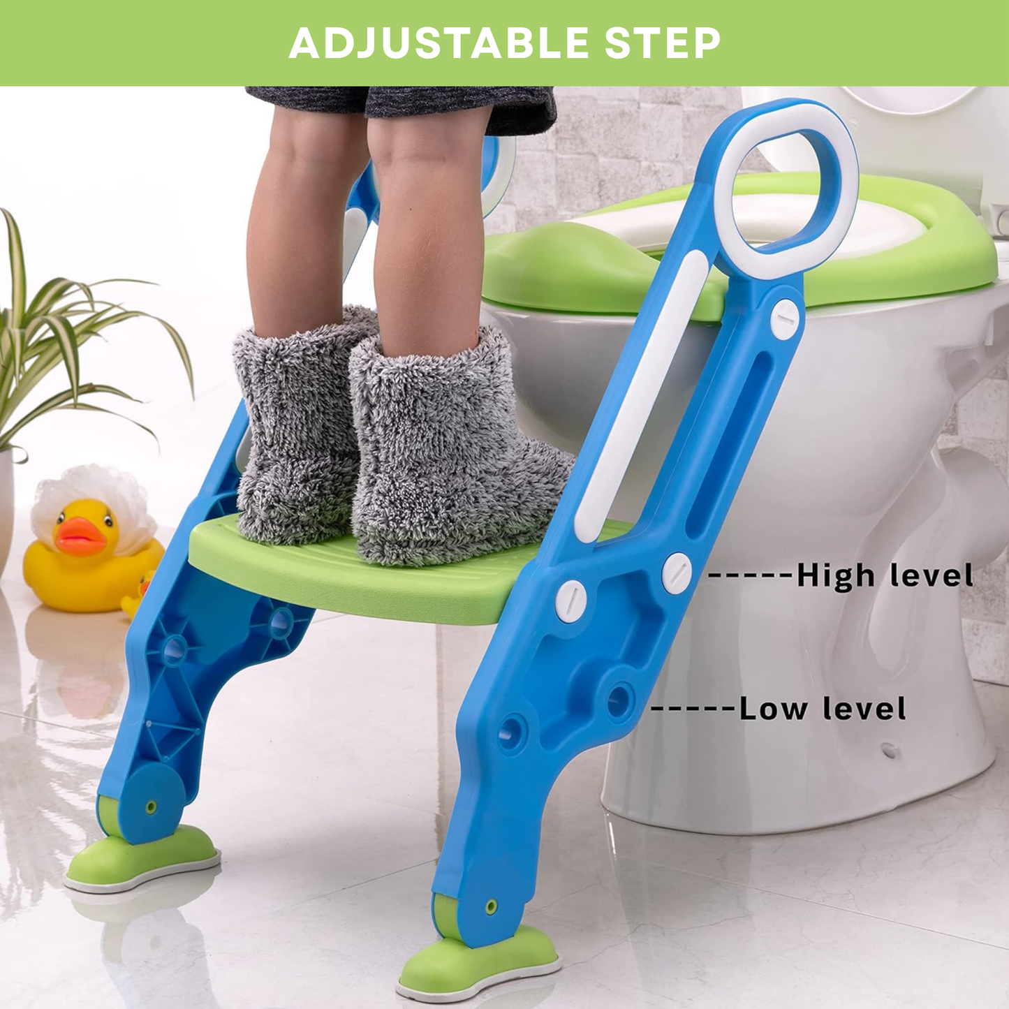 Straame Toddler Toilet Ladder Seat - Adjustable Potty-Training Seat, Soft Cushion Seat and Anti-Slip Steps Design - Easy to Install Portable Children Potty Training Chair (Green-Blue)