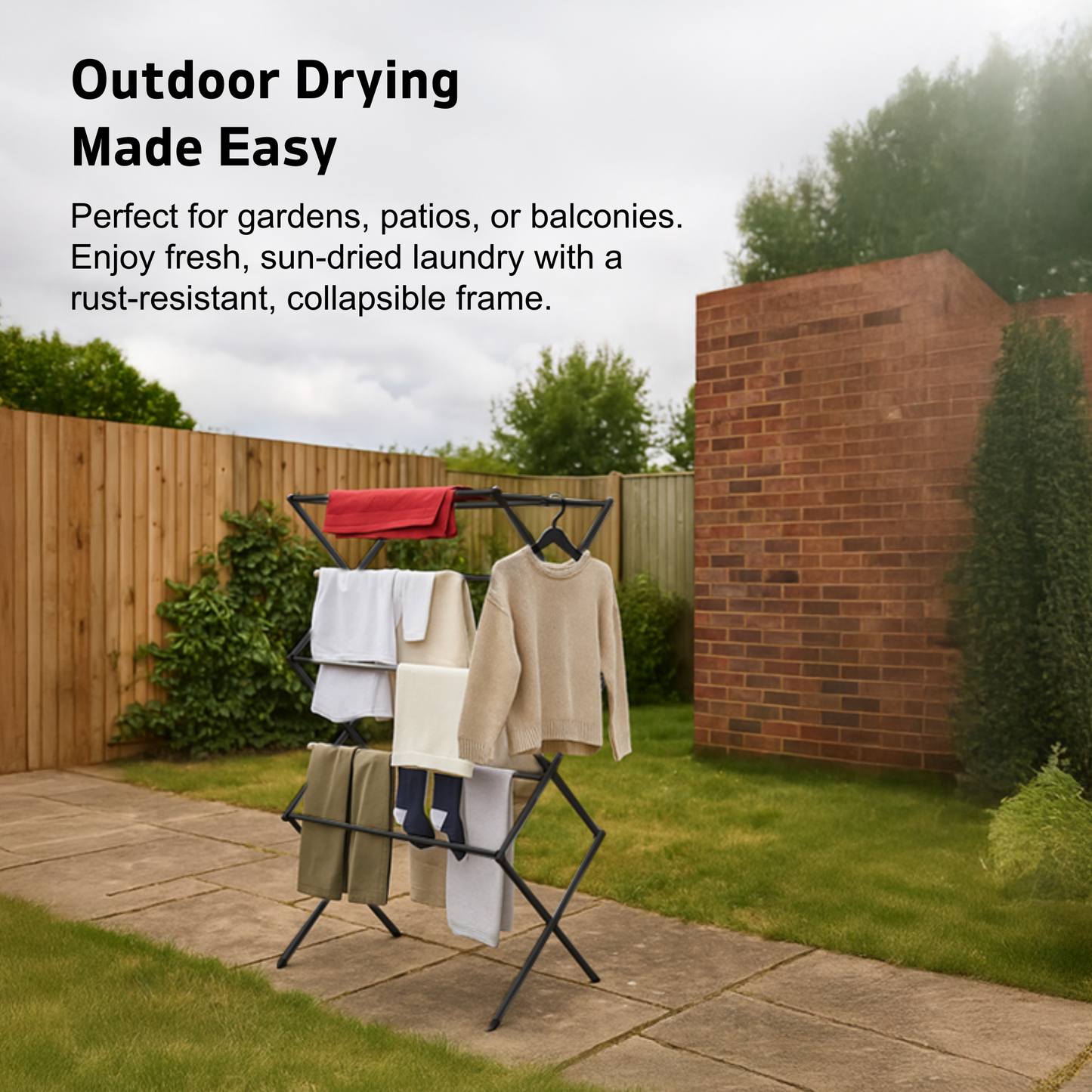 Straame 3-Tier Expandable Clothes Airer Indoor Outdoor – Slimline Drying Rack (Expanded:71×37×103 cm, Folded: 51×43×9 cm), 10 kg Capacity, Rust-Resistant, Non-Slip Feet, Heavy-Duty Design (Black)