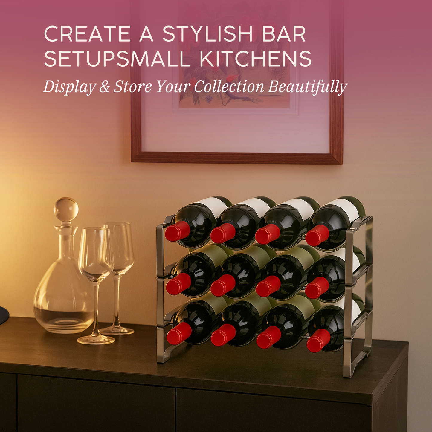 Straame 3 Tier Metal Wine Rack – Stackable Bottle Rack for Wine Storage – Wine Racks Free Standing Organiser for Countertop, Shelf or Cupboard – Modular Wire Rack Holder – Modern Design (Silver)