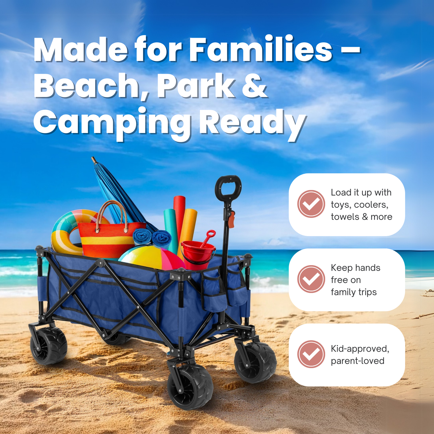 Straame Foldable Trolley Cart – 135L, 100kg Capacity Pull-Along Camping Wagon for Beach, Garden & Festivals – All-Terrain Festival Trolley with Adjustable Handle & 360° Swivel Wheels (Navy)