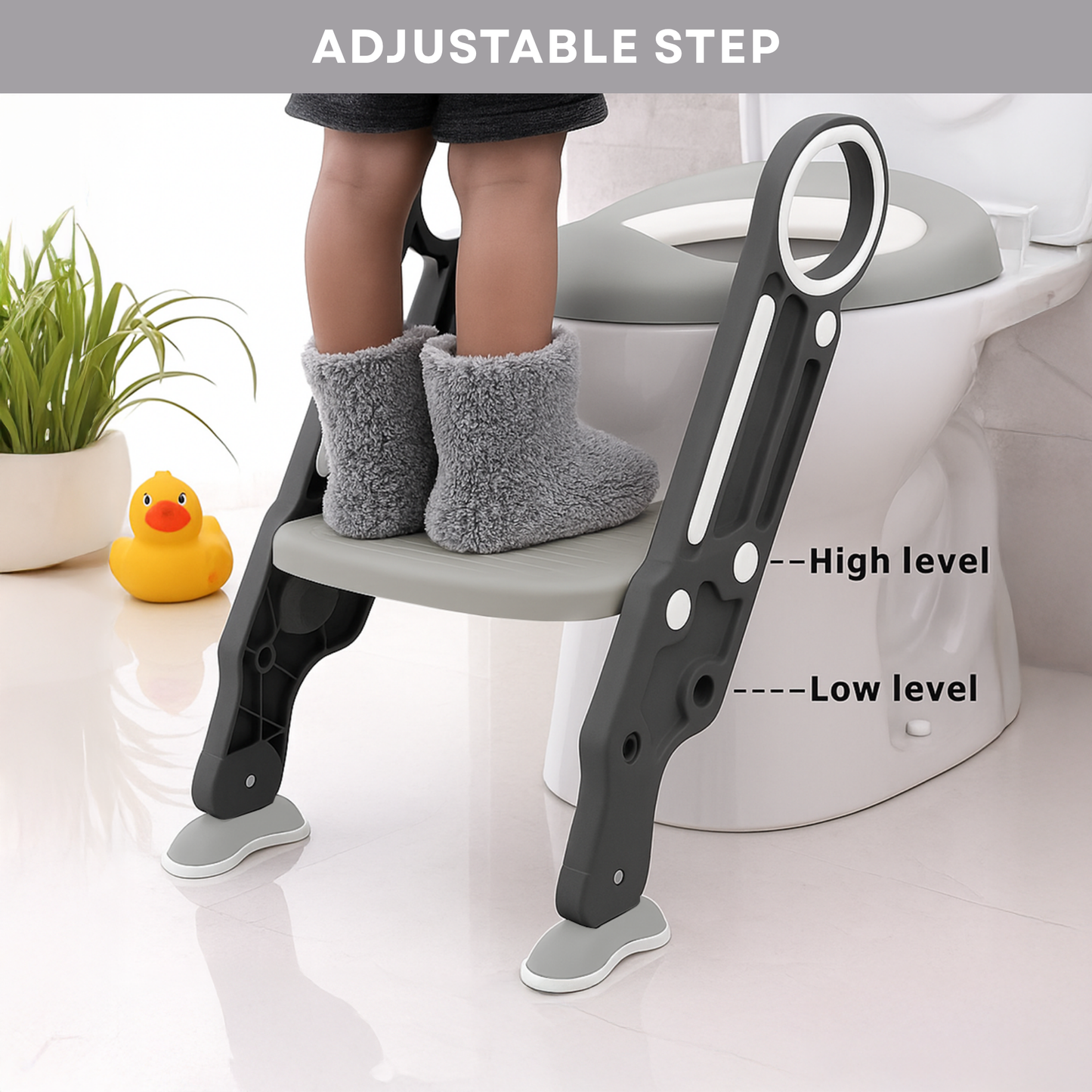 Straame Toddler Toilet Ladder Seat - Adjustable Potty-Training Seat, Soft Cushion Seat and Anti-Slip Steps Design - Easy to Install Portable Children Potty Training Chair (Grey-White)