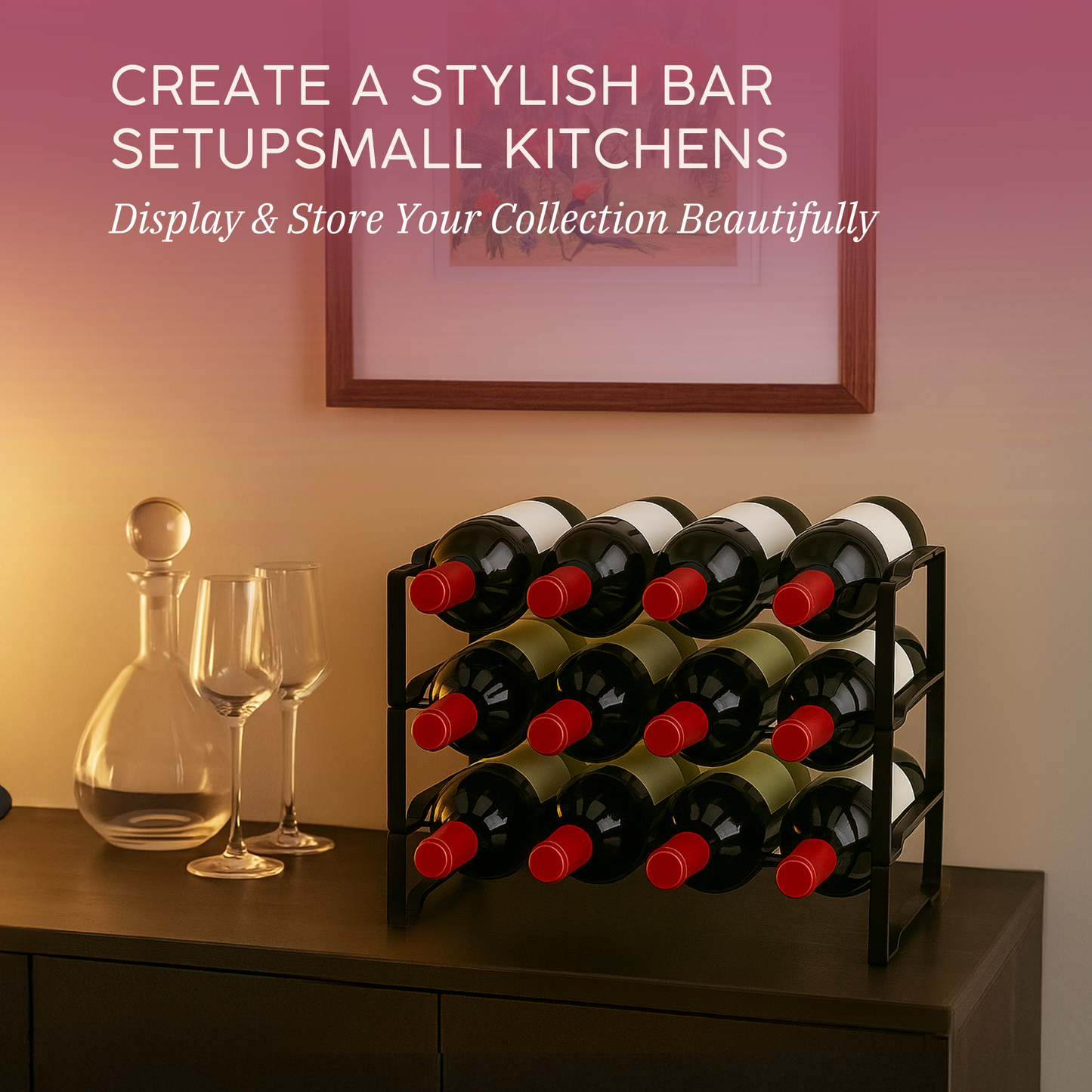 Straame 3 Tier Metal Wine Rack – Stackable Bottle Rack for Wine Storage – Wine Racks Free Standing Organiser for Countertop, Shelf or Cupboard – Modular Wire Rack Holder – Modern Design (Black)