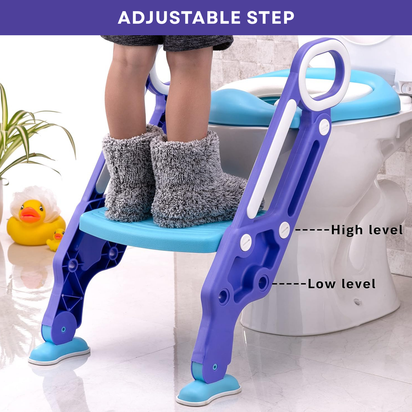 Straame Toddler Toilet Ladder Seat - Adjustable Potty-Training Seat, Soft Cushion Seat and Anti-Slip Steps Design - Easy to Install Portable Children Potty Training Chair (Blue-Purple)