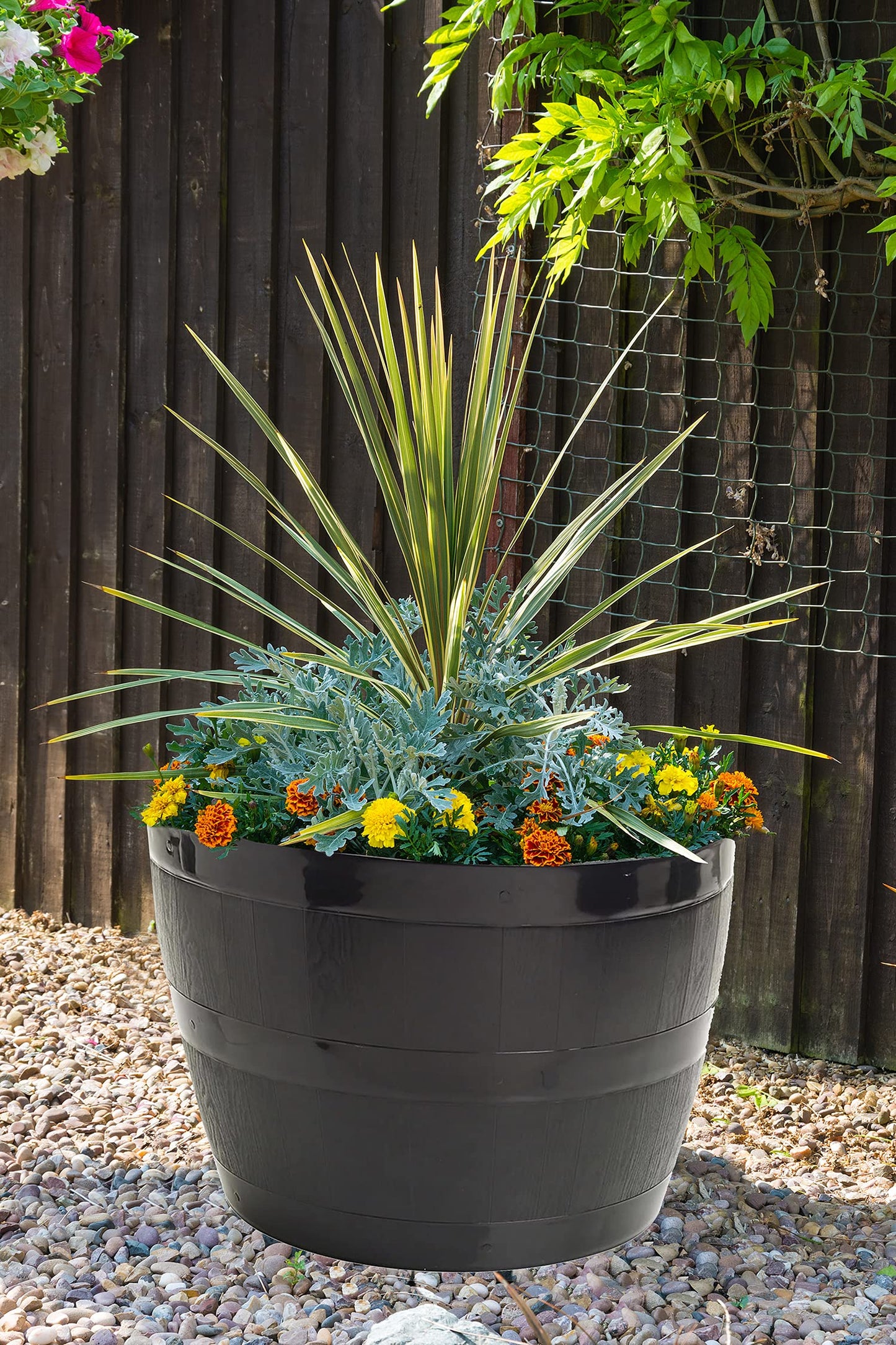 Straame Plant Pot Tub, 50 Liters Gardening Flower Pots - Indoor Or Outdoor Planter - Multi-Purpose - Makes Your Living Space Bloom (Black Barrel Plantar Large- 45x33x34 cm)