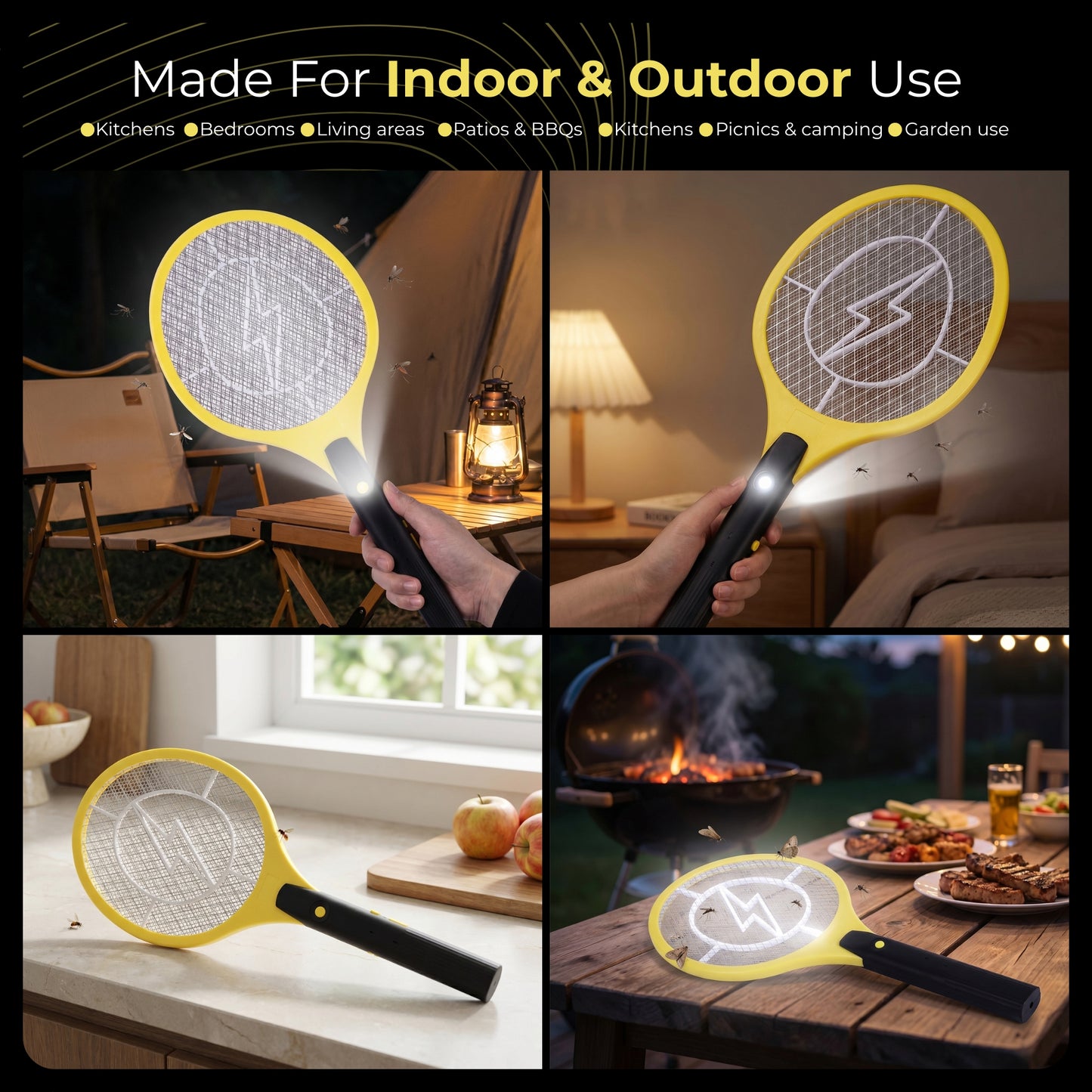 Straame Rechargeable Electric Fly Swatter & Fly Zapper, USB-C Charging, COB LED Light and 3000–3700 V Triple Mesh, Bug Zapper Racket Fly Catcher for Home, Garden, Indoor & Outdoor Use Mosquito Killer