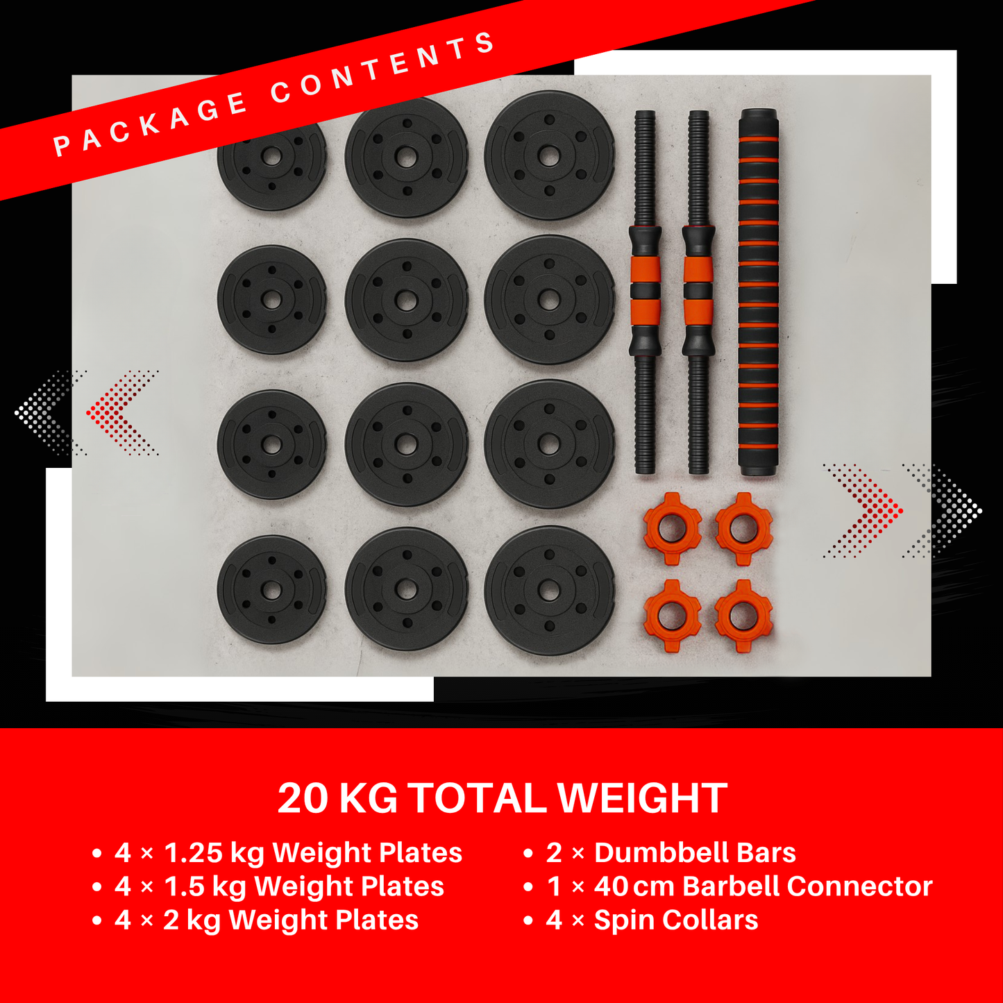 Straame 20KG Adjustable Dumbbell & Barbell Weight Set with Foam-Padded Connector. Free Weights for Home Gym, Strength Training, Non-Slip TPR Grips, PE Shell Plates, Compact Storage