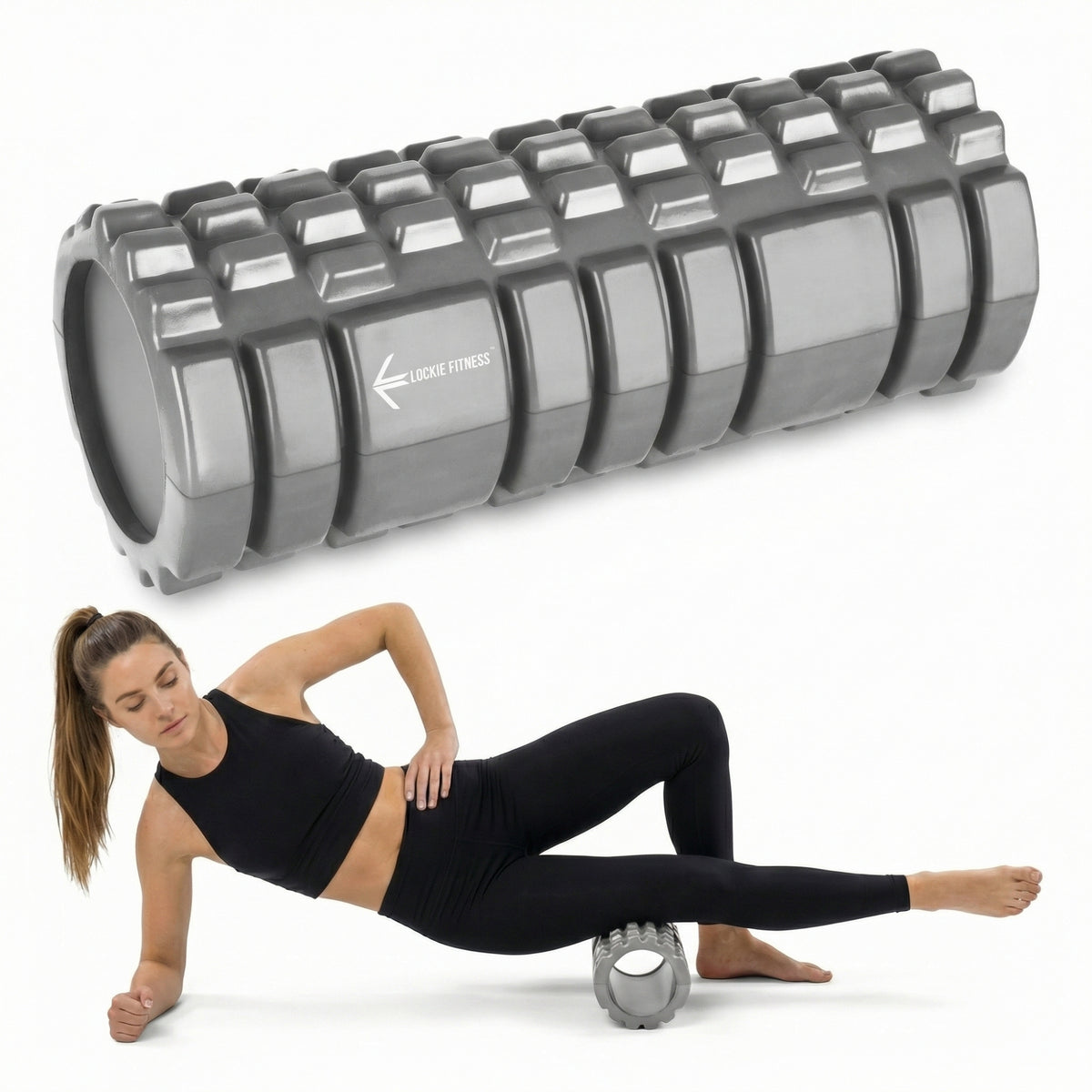LockieFitness Foam Roller, Deep Tissue Massage Roller with Trigger Point Foam Roller Grid for Back, Legs, Calves & Fascia, Medium Density Pilates Roller, Yoga Roller & Gym Roller (Grey)