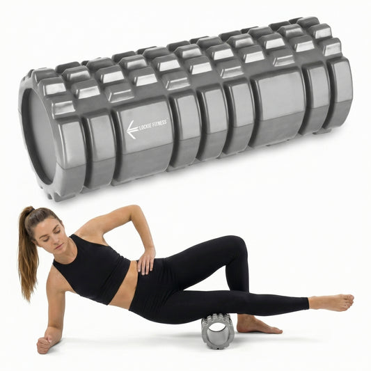 LockieFitness Foam Roller, Deep Tissue Massage Roller with Trigger Point Foam Roller Grid for Back, Legs, Calves & Fascia, Medium Density Pilates Roller, Yoga Roller & Gym Roller (Grey)