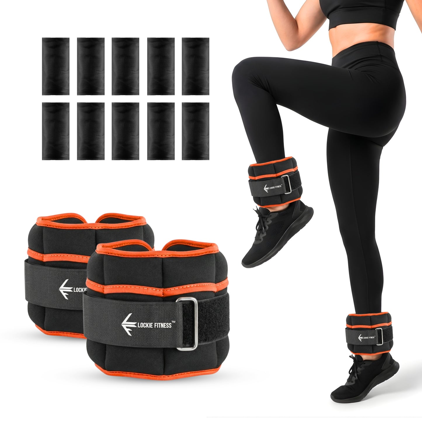 Lockie Fitness Ankle Weights & Wrist Weights Pair, Adjustable 0.9-3.2 kg, Neoprene Ankle Weights Women, Men & Kids, Pilates Weights, Leg Weights, Weights for Walking, Jogging & Home Workouts (Orange)