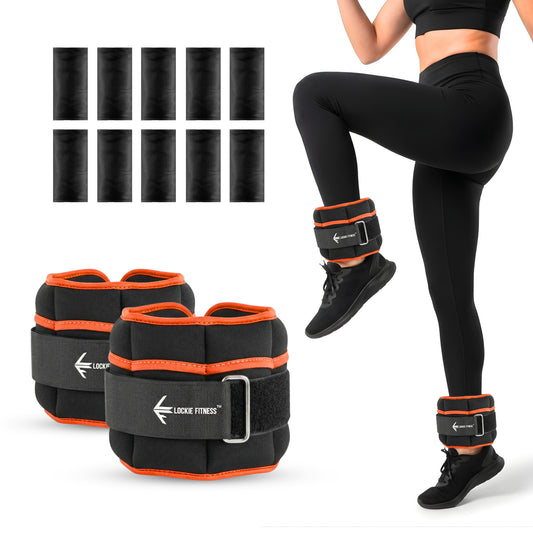 Lockie Fitness Ankle Weights & Wrist Weights Pair, Adjustable 0.9-3.2 kg, Neoprene Ankle Weights Women, Men & Kids, Pilates Weights, Leg Weights, Weights for Walking, Jogging & Home Workouts (Orange)