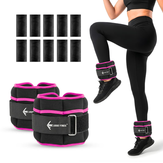 Lockie Fitness Ankle Weights & Wrist Weights Pair, Adjustable 0.9-3.2 kg, Neoprene Ankle Weights Women, Men & Kids, Pilates Weights, Leg Weights, Weights for Walking, Jogging & Home Workouts (Pink)